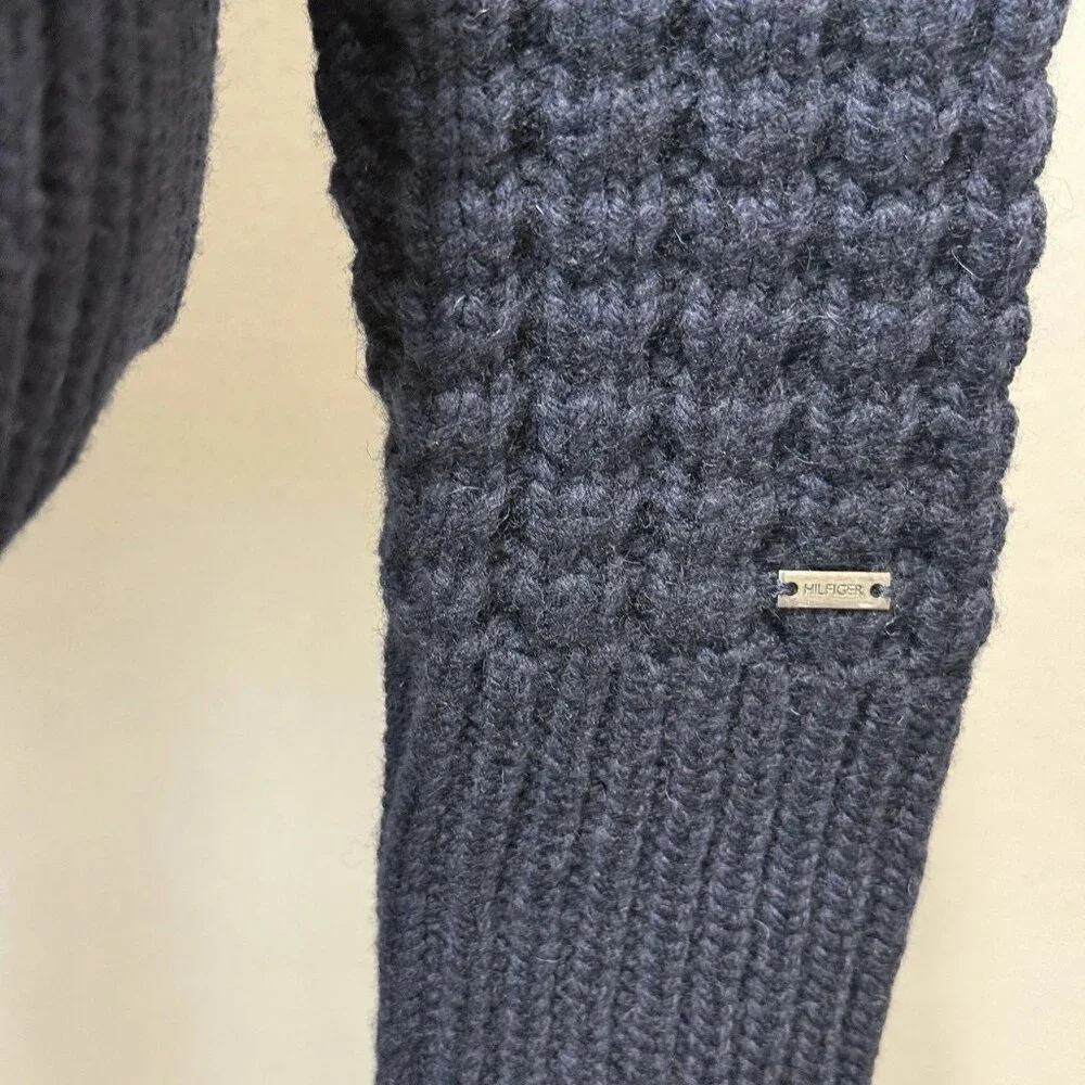 Tommy Hilfiger Waffle Chunky Knit Wool Bld Cardigan Womens L Sweater Collar Hood - Picture 7 of 11